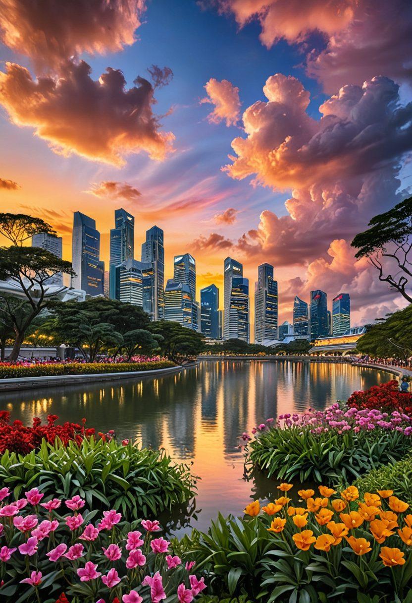 A picturesque skyline of Singapore at sunset, with vibrant flowers and a peaceful park in the foreground symbolizing joy and tranquility. People joyfully celebrating life with laughter, diverse cultural symbols, and delicious local food. Bright, warm colors representing happiness, with soft clouds above. The scene captures both urban and natural harmony. super-realistic. vibrant colors.