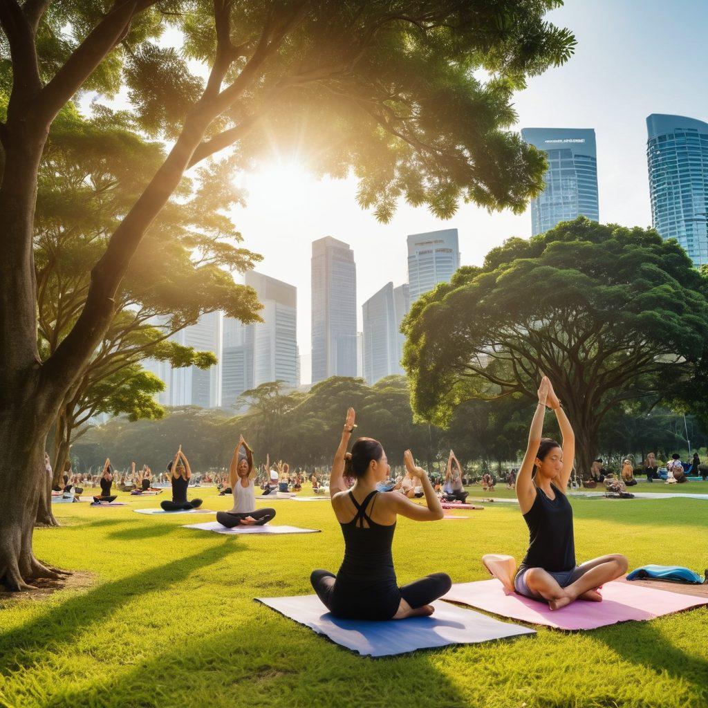 A vibrant scene depicting Singaporeans engaging in joyful activities in a lush urban park, showcasing diverse individuals practicing yoga, laughing, and enjoying a picnic. The background features iconic Singaporean architecture and greenery, symbolizing harmony between nature and city life. Bright sunlight filters through the trees, enhancing the sense of euphoria and wellness. super-realistic. vibrant colors. 3D.