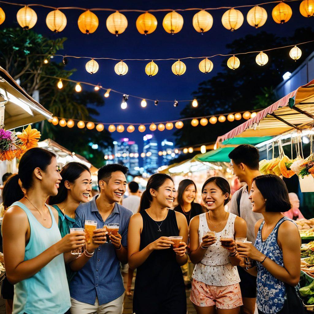 A vibrant scene of a group of diverse friends joyfully laughing and enjoying local street food at an open-air market in Singapore, colorful decorations and festive lights in the background. Iconic Singapore skyline at dusk, showcasing the harmony of nature with bustling city life. Emphasis on cheerful expressions and cultural richness. super-realistic. vibrant colors. night scene.